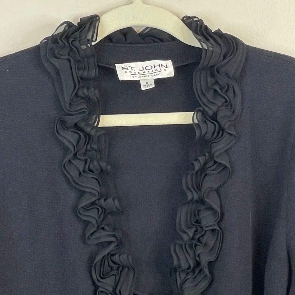 St.John Essentials Ruffled SilkRich Santana Knit Cardigan 6 Black Jacket Luxury